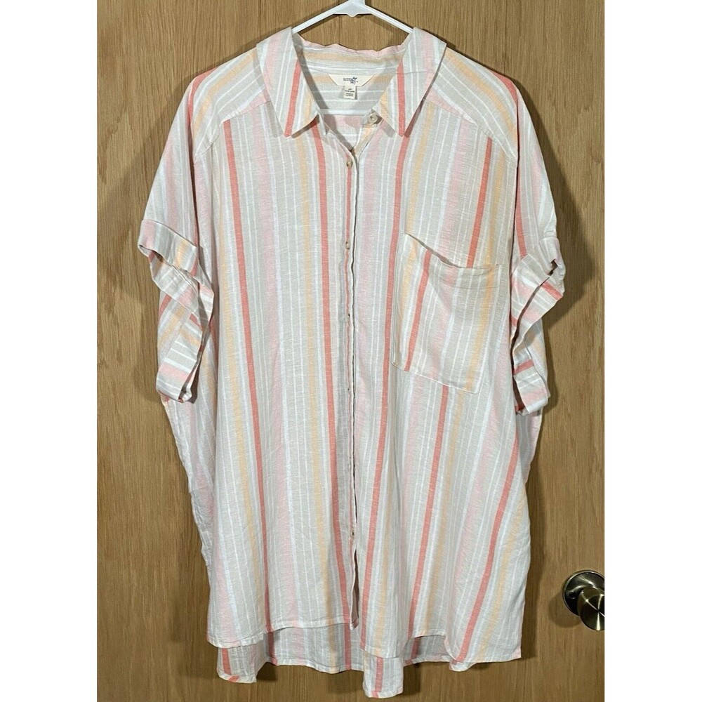 Terra & Sky Women's Plus Size 2X Button Down Linen Blend Shirt Coastal Beachy